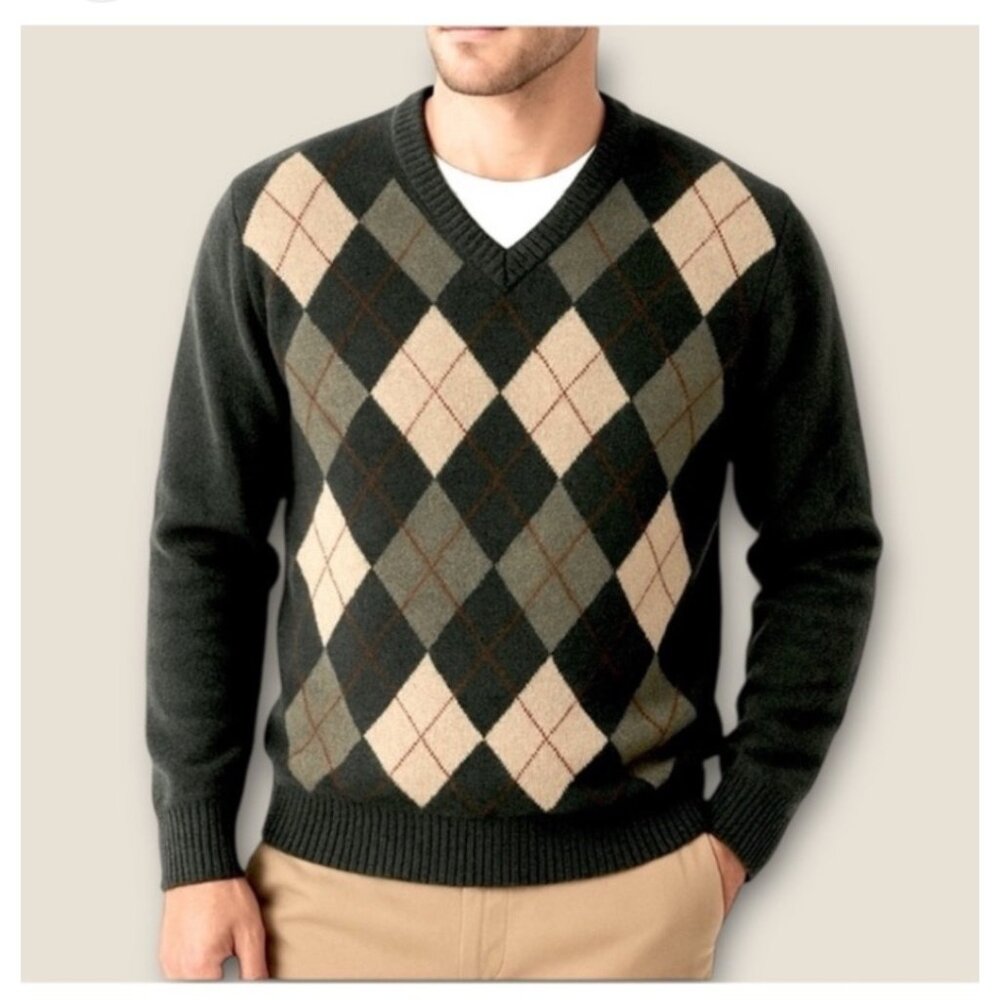 Brooks Brothers Scottish Lambswool Argyle Sweater V-neck L gray/Green Beige Red